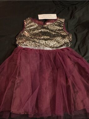 A.T.U.N. Girls' Burgundy Tulle Dress with Gold Sequin Bodice